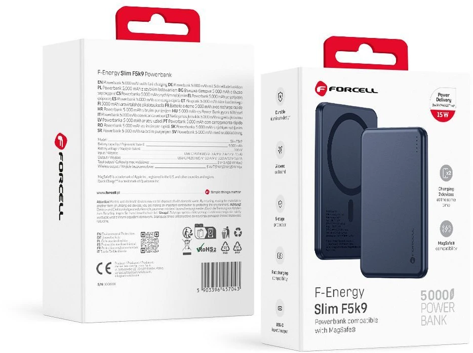 Powerbank compatible with MagSafe Forcell F-Energy Slim F5K9 QC4.0 PD3.0 15W 5000 mAh navy mėlynas
