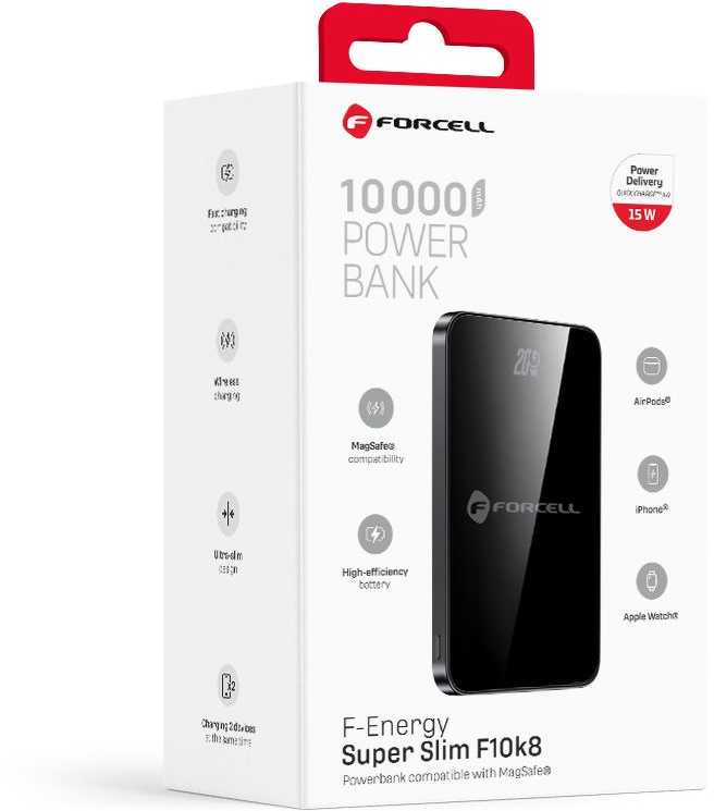 Powerbank compatible with MagSafe Forcell F-Energy SuperSlim F10K8 QC4.0 PD3.0 15W 10000 mAh juodas