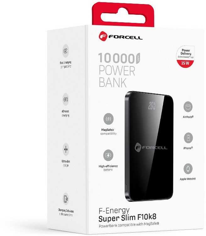Powerbank compatible with MagSafe Forcell F-Energy SuperSlim F5K8 QC4.0 PD3.0 15W 5000 mAh juodas