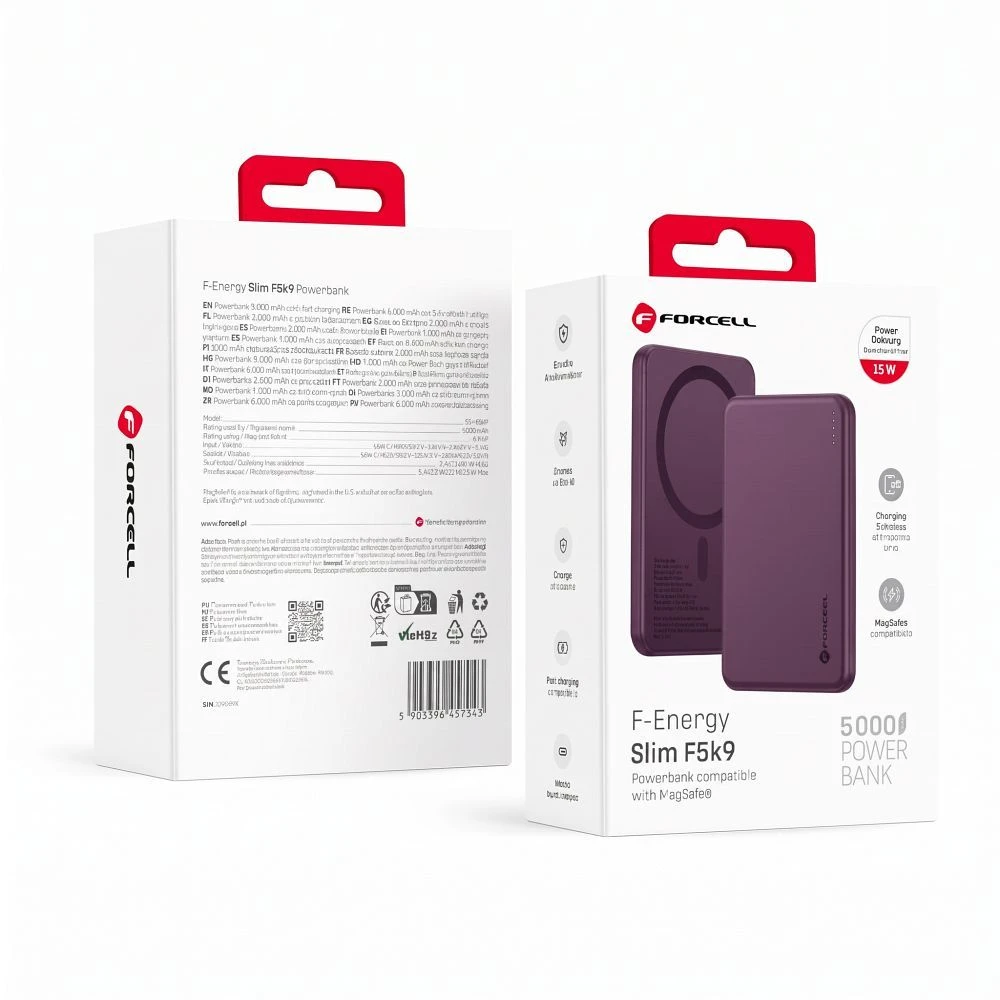 Powerbank compatible with MagSafe Forcell F-Energy Slim F5K9 QC4.0 PD3.0 15W 5000 mAh cherry