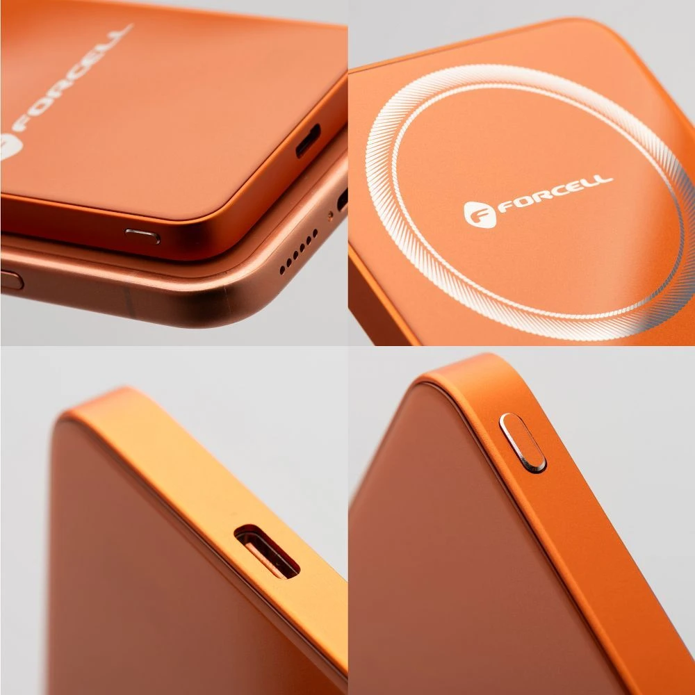 Nešiojamoji baterija, suderinama su „MagSafe Forcell F-Energy SuperSlim F5K8 QC4.0 PD3.0“ 15W 5000 mAh oranžinis
