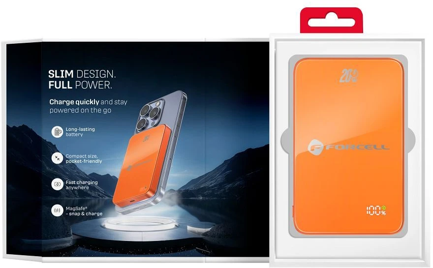 Powerbank compatible with MagSafe Forcell F-Energy SuperSlim F10K8 QC4.0 PD3.0 15W 10000 mAh oranžinis