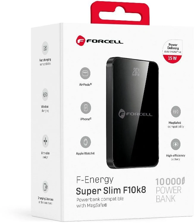 Powerbank compatible with MagSafe Forcell F-Energy SuperSlim F10K8 QC4.0 PD3.0 15W 10000 mAh juodas