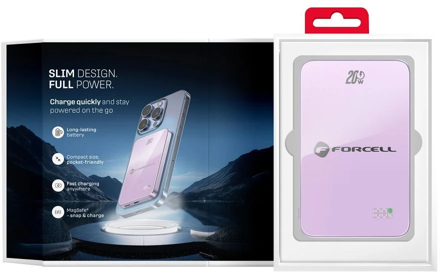 Nešiojamoji baterija, suderinama su „MagSafe Forcell F-Energy SuperSlim F5K8 QC4.0 PD3.0“ 15W 5000 mAh violetinė