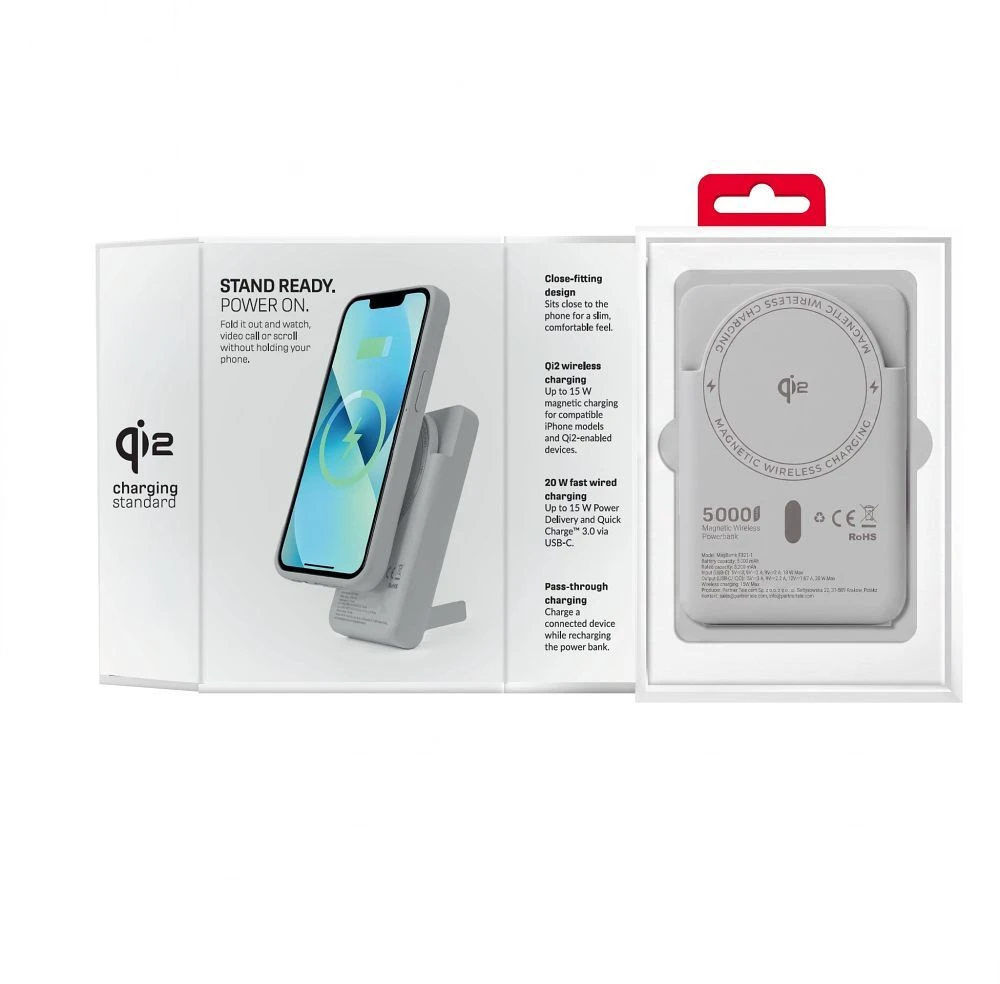 Powerbank compatible with MagSafe Forcell F-Energy MagStand QI2 F5K10 QC3.0 PD3.0 20W 5000 mAh baltas