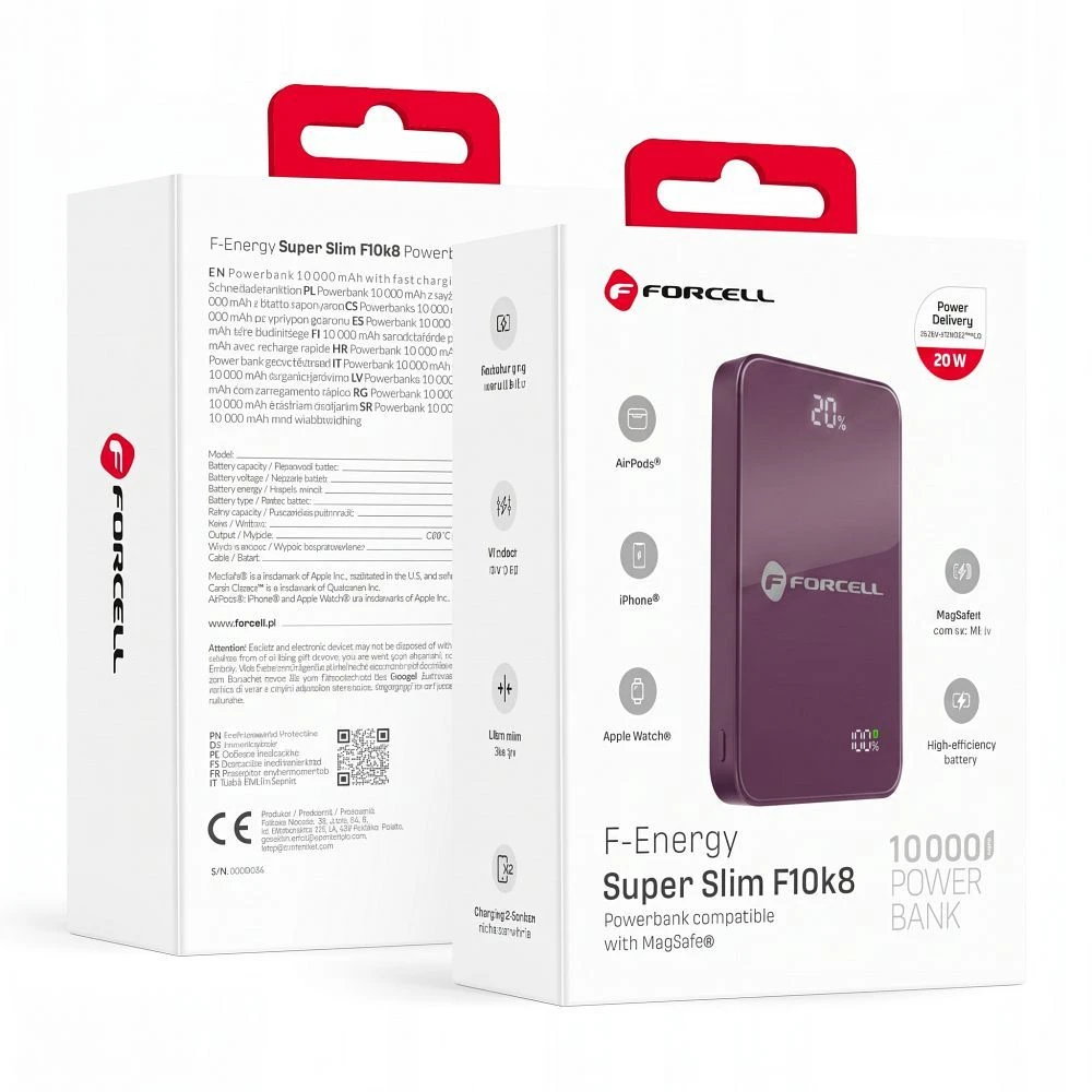 Powerbank compatible with MagSafe Forcell F-Energy SuperSlim F10K8 QC4.0 PD3.0 15W 10000 mAh cherry