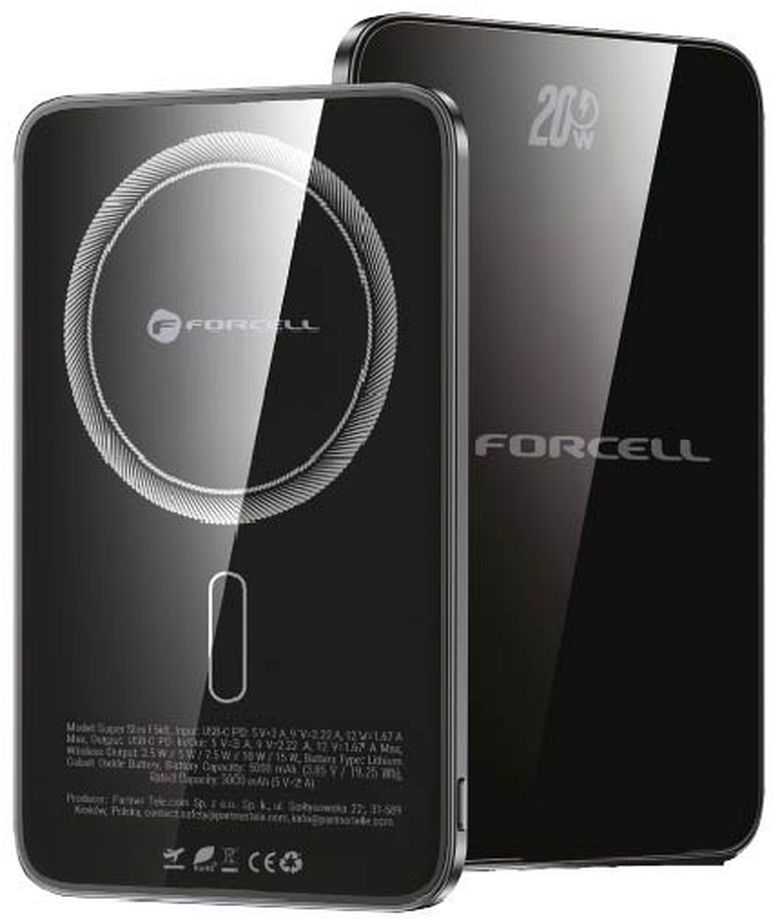 Powerbank compatible with MagSafe Forcell F-Energy SuperSlim F5K8 QC4.0 PD3.0 15W 5000 mAh juodas