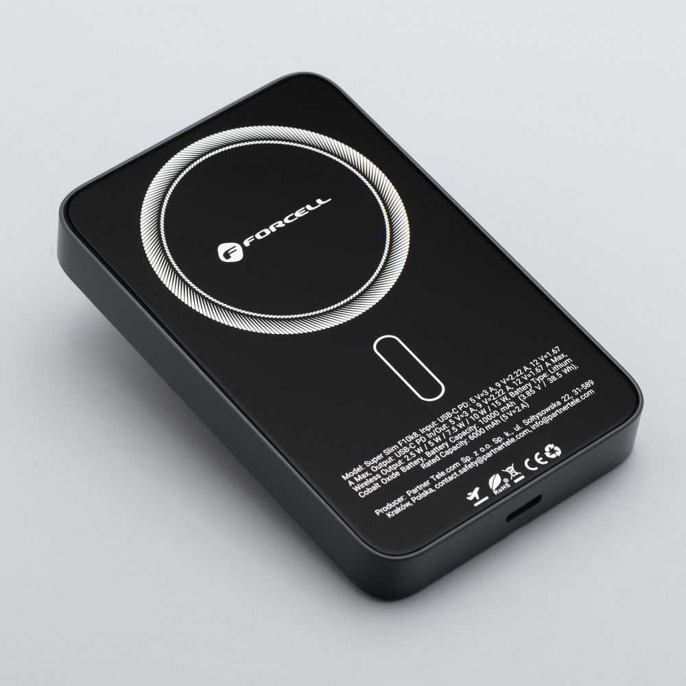 Powerbank compatible with MagSafe Forcell F-Energy SuperSlim F10K8 QC4.0 PD3.0 15W 10000 mAh juodas