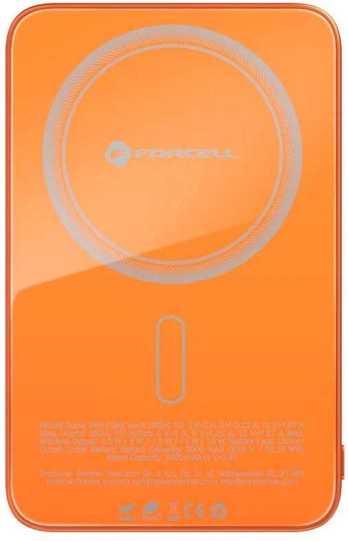 Nešiojamoji baterija, suderinama su „MagSafe Forcell F-Energy SuperSlim F5K8 QC4.0 PD3.0“ 15W 5000 mAh oranžinis