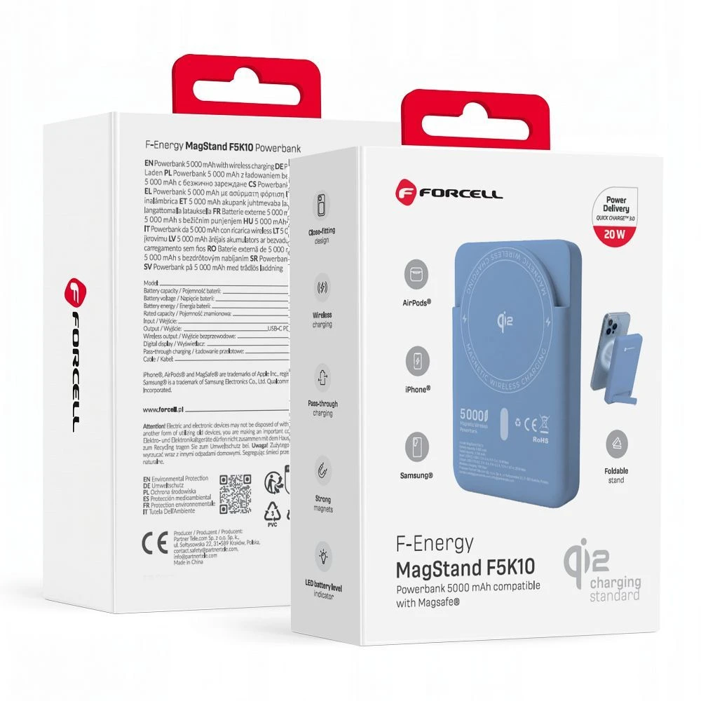 Powerbank compatible with MagSafe Forcell F-Energy MagStand QI2 F5K10 QC3.0 PD3.0 20W 5000 mAh baltas