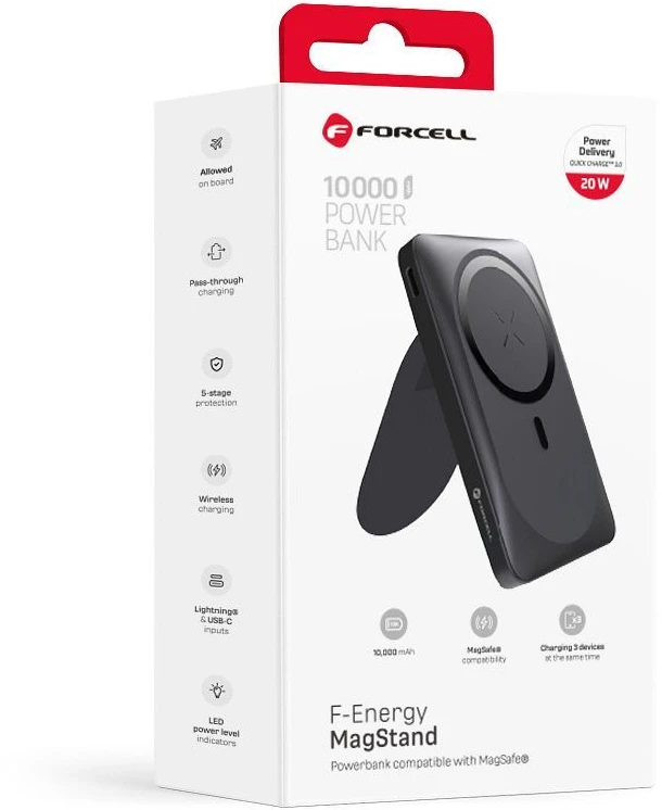 Išorinė baterija POWER BANK Forcell F-ENERGY (F10K2) 10000mAh su belaidžiu įkrovikliu (Magsafe 20W) juoda