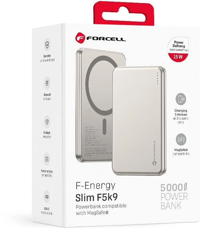 Powerbank compatible with MagSafe Forcell F-Energy Slim F5K9 QC4.0 PD3.0 15W 5000 mAh cloud dancer