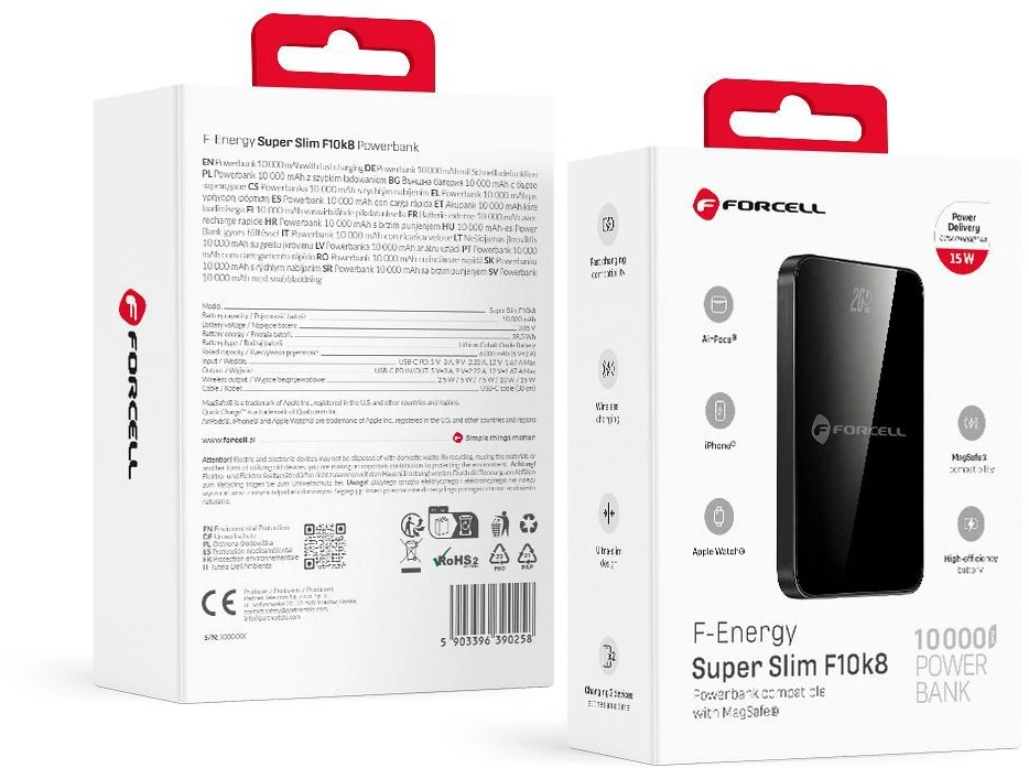 Powerbank compatible with MagSafe Forcell F-Energy SuperSlim F10K8 QC4.0 PD3.0 15W 10000 mAh juodas