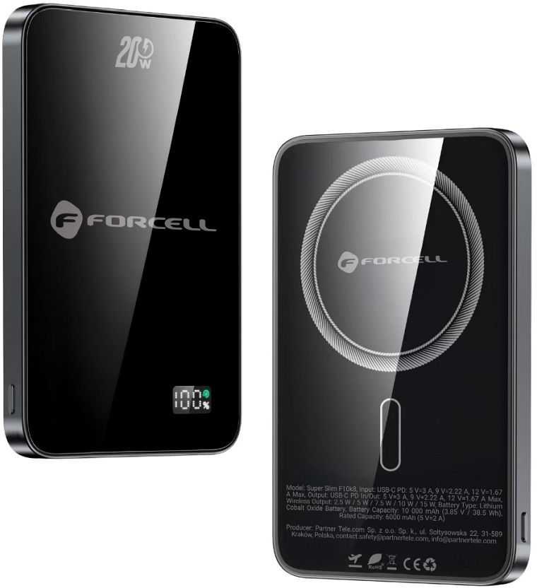 Powerbank compatible with MagSafe Forcell F-Energy SuperSlim F5K8 QC4.0 PD3.0 15W 5000 mAh juodas