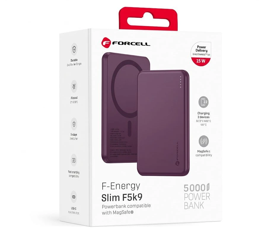Powerbank compatible with MagSafe Forcell F-Energy Slim F5K9 QC4.0 PD3.0 15W 5000 mAh cherry