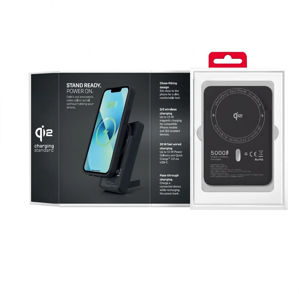 Powerbank compatible with MagSafe Forcell F-Energy MagStand QI2 F5K10 QC3.0 PD3.0 20W 5000 mAh juodas