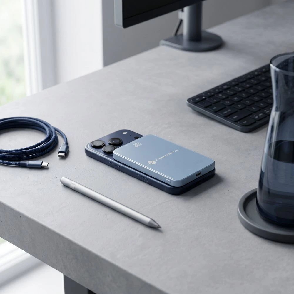 Powerbank compatible with MagSafe Forcell F-Energy SuperSlim F5K8 QC4.0 PD3.0 15W 5000 mAh mėlynas