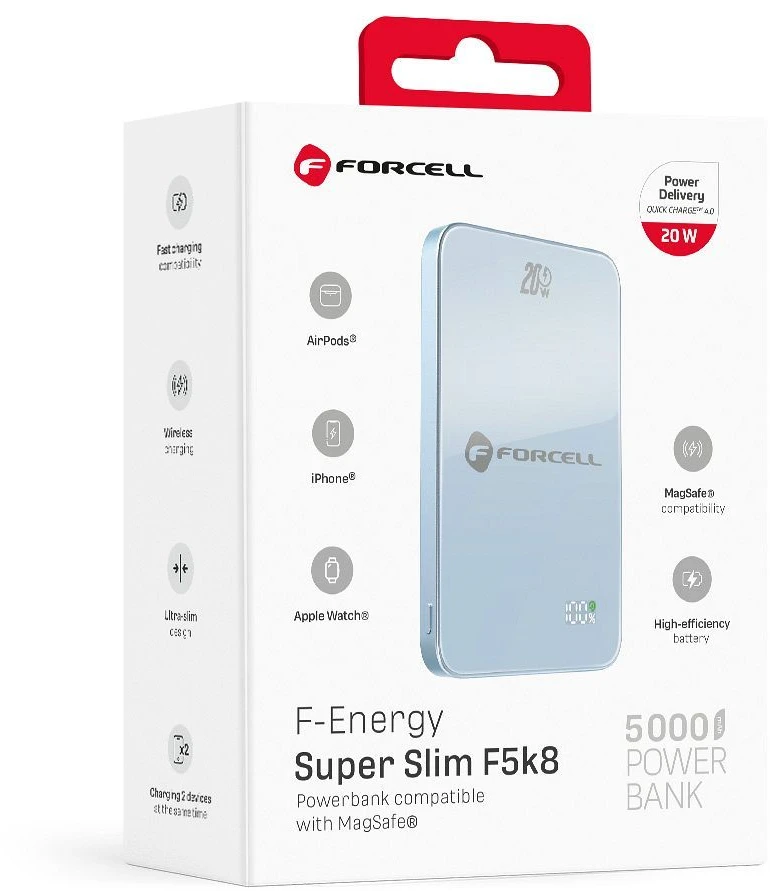 Powerbank compatible with MagSafe Forcell F-Energy SuperSlim F5K8 QC4.0 PD3.0 15W 5000 mAh mėlynas