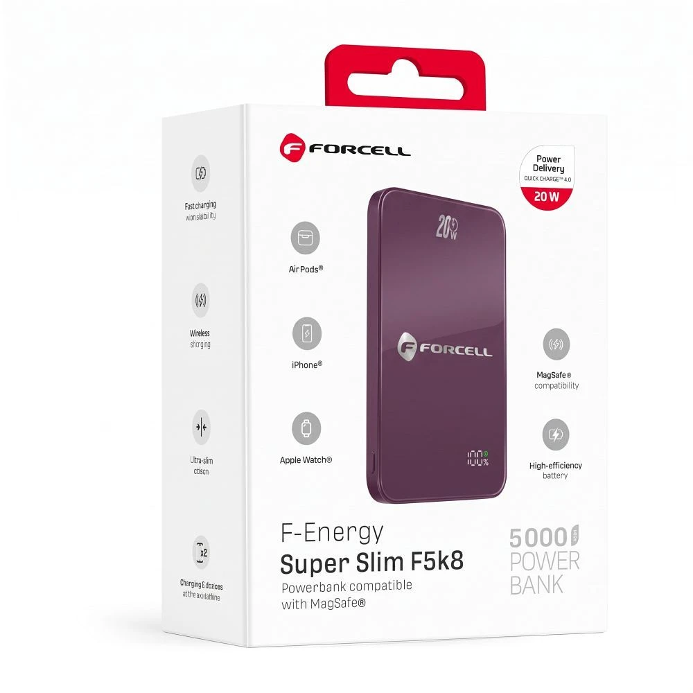 Powerbank compatible with MagSafe Forcell F-Energy SuperSlim F5K8 QC4.0 PD3.0 15W 5000 mAh cherry