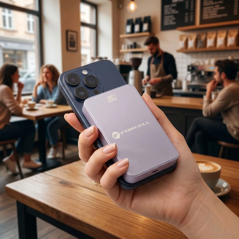 Nešiojamoji baterija, suderinama su „MagSafe Forcell F-Energy SuperSlim F10K8 QC4.0 PD3.0“ 15W 10000 mAh violetinė