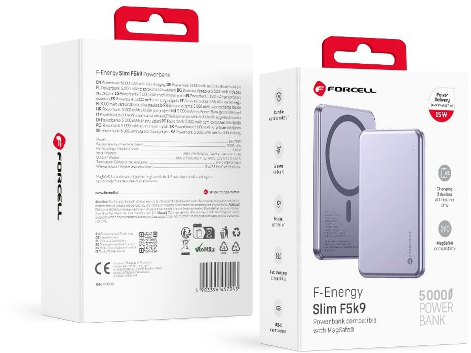Powerbank compatible with MagSafe Forcell F-Energy Slim F5K9 QC4.0 PD3.0 15W 5000 mAh violetinė