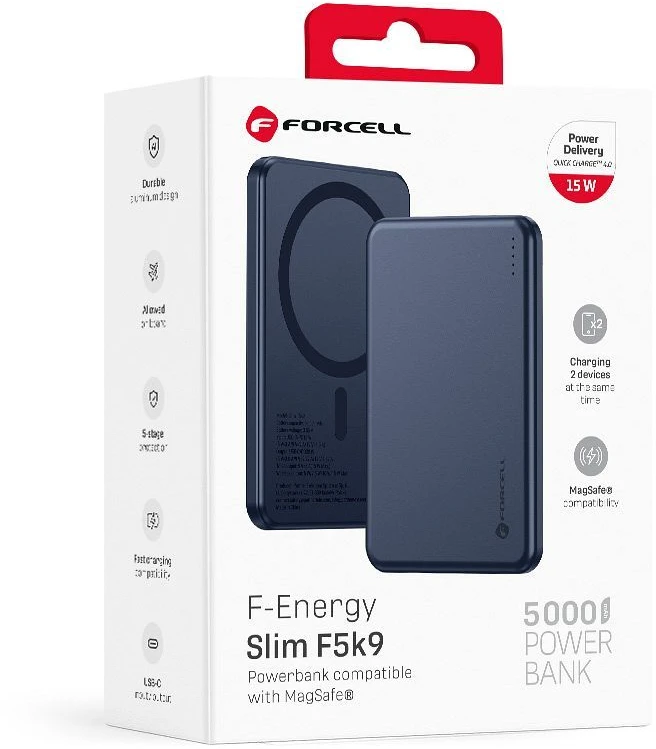 Powerbank compatible with MagSafe Forcell F-Energy Slim F5K9 QC4.0 PD3.0 15W 5000 mAh navy mėlynas