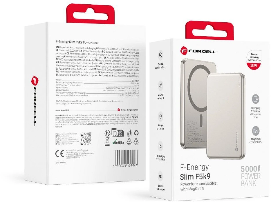 Powerbank compatible with MagSafe Forcell F-Energy Slim F5K9 QC4.0 PD3.0 15W 5000 mAh cloud dancer