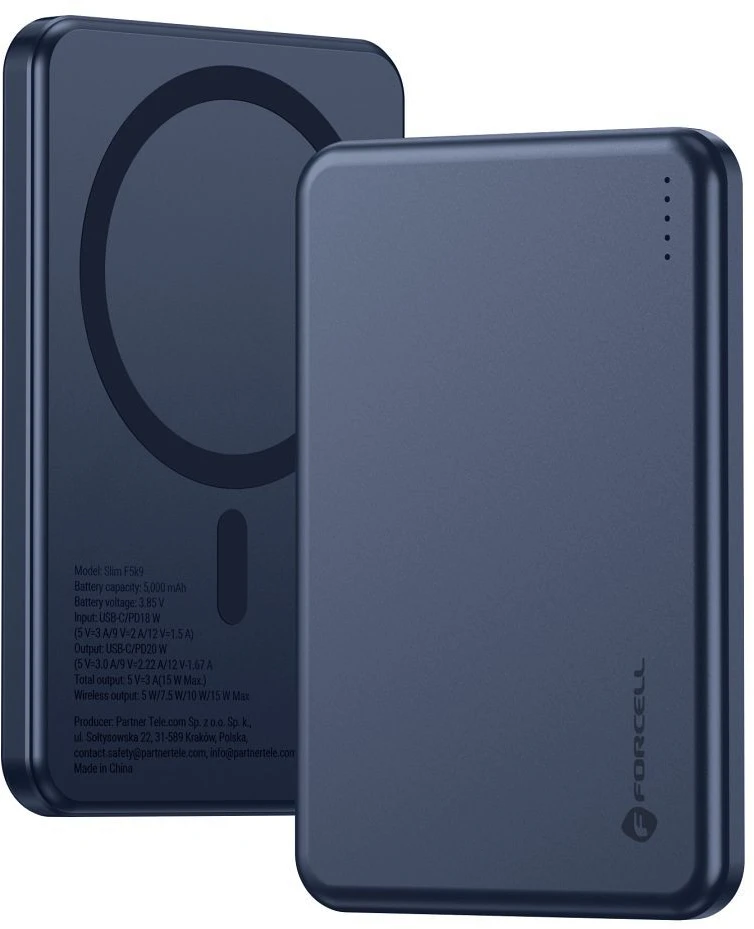Powerbank compatible with MagSafe Forcell F-Energy Slim F5K9 QC4.0 PD3.0 15W 5000 mAh navy mėlynas