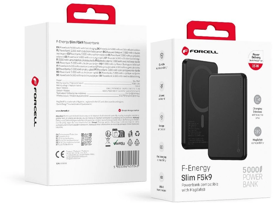 Powerbank suderinamas su MagSafe Forcell F-Energy Slim F5K9 QC4.0 PD3.0 15W 5000 mAh juodas