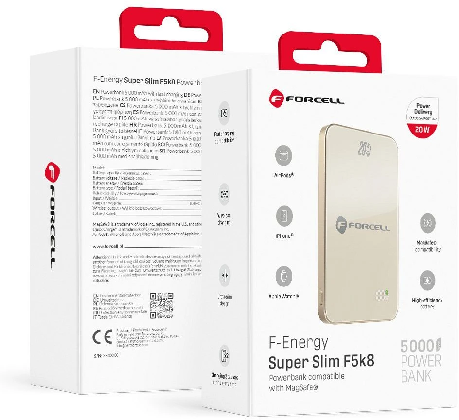 Powerbank suderinamas su MagSafe Forcell F-Energy SuperSlim F5K8 QC4.0 PD3.0 15W 5000 mAh dykumos titano spalvos