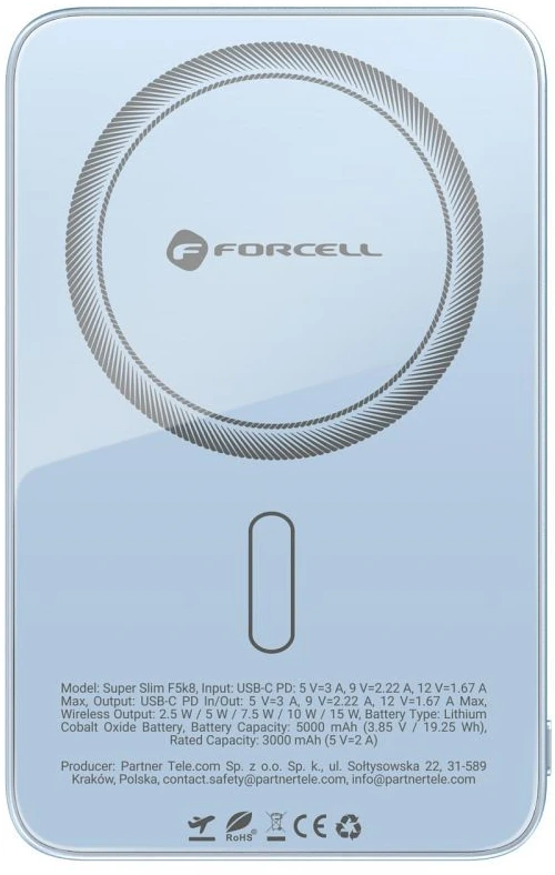 Powerbank compatible with MagSafe Forcell F-Energy SuperSlim F5K8 QC4.0 PD3.0 15W 5000 mAh mėlynas