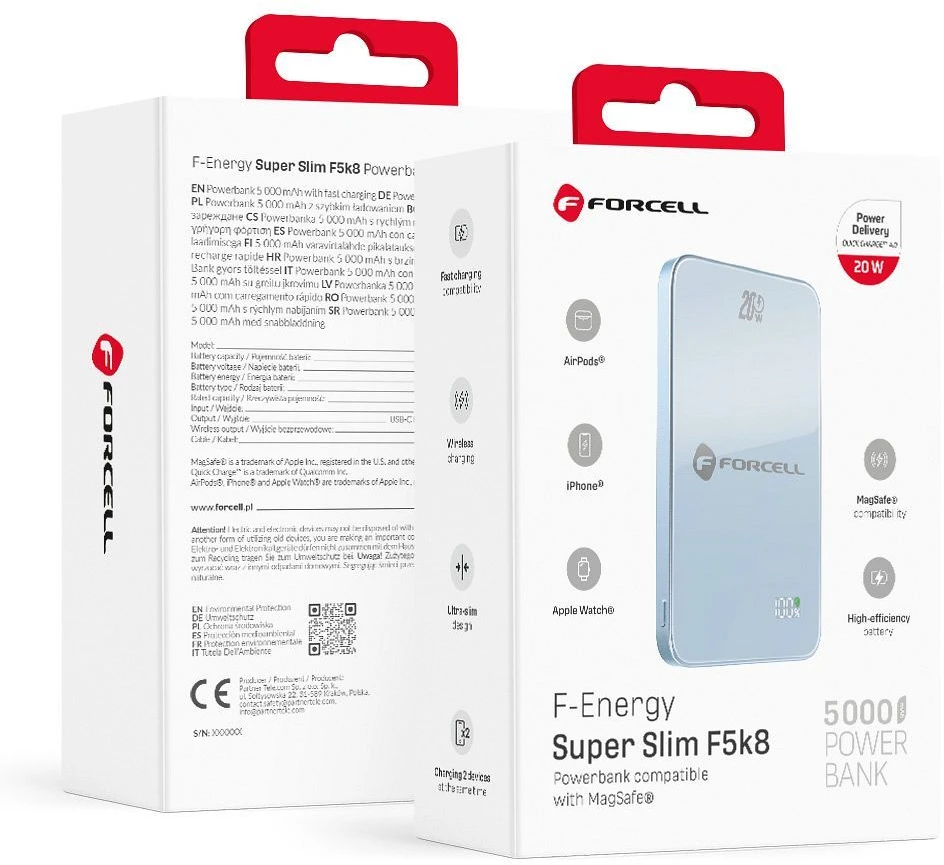Powerbank compatible with MagSafe Forcell F-Energy SuperSlim F5K8 QC4.0 PD3.0 15W 5000 mAh mėlynas
