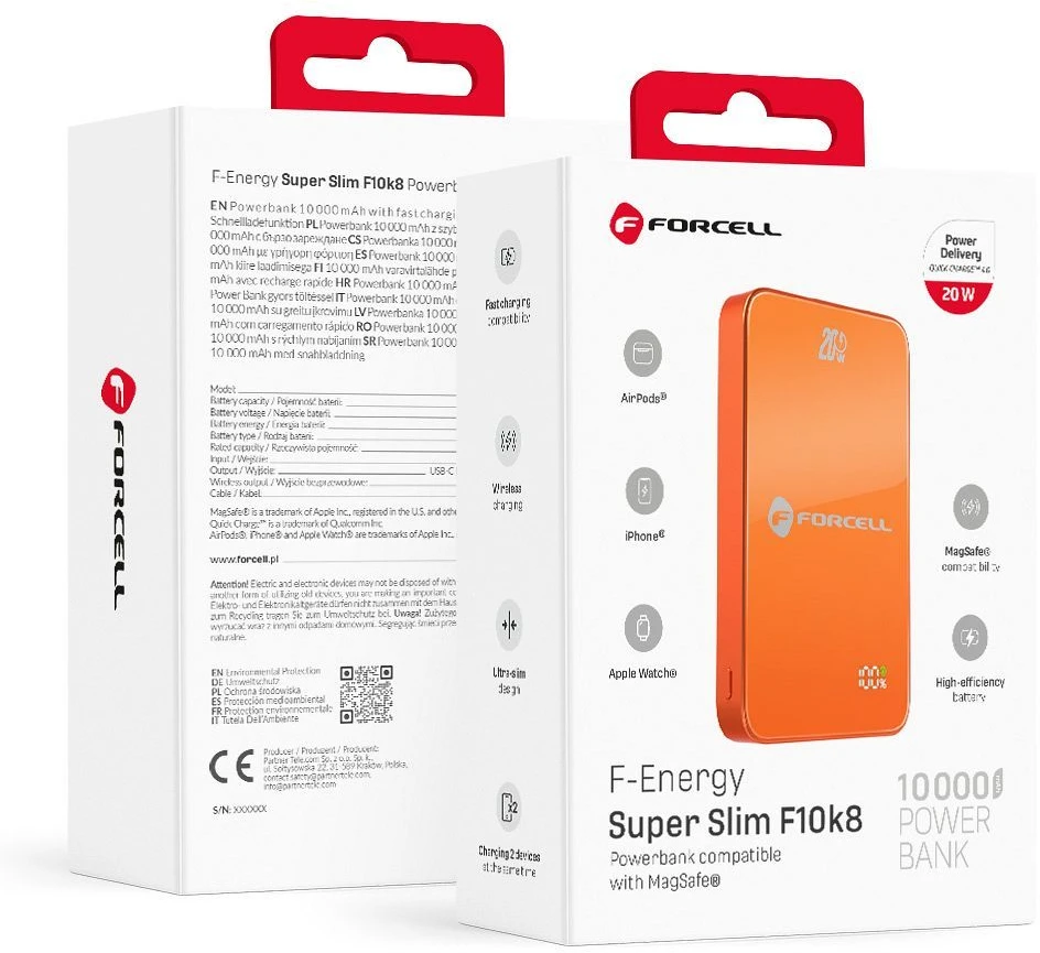 Powerbank compatible with MagSafe Forcell F-Energy SuperSlim F10K8 QC4.0 PD3.0 15W 10000 mAh oranžinis