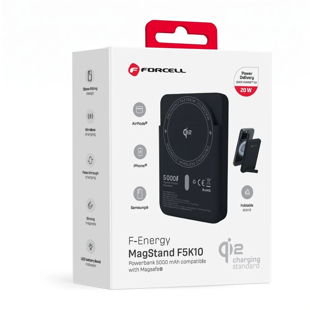 Powerbank compatible with MagSafe Forcell F-Energy MagStand QI2 F5K10 QC3.0 PD3.0 20W 5000 mAh juodas