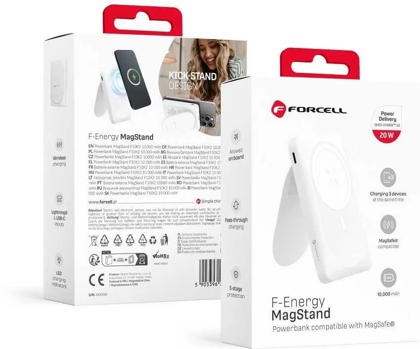 Nešiojamoji baterija, suderinama su „MagSafe Forcell F-Energy MagStand F10K2 QC3.0 PD 5A 20W 10000 mAh baltas“