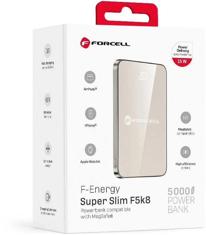 Powerbank compatible with MagSafe Forcell F-Energy SuperSlim F5K8 QC4.0 PD3.0 15W 5000 mAh titanium desert