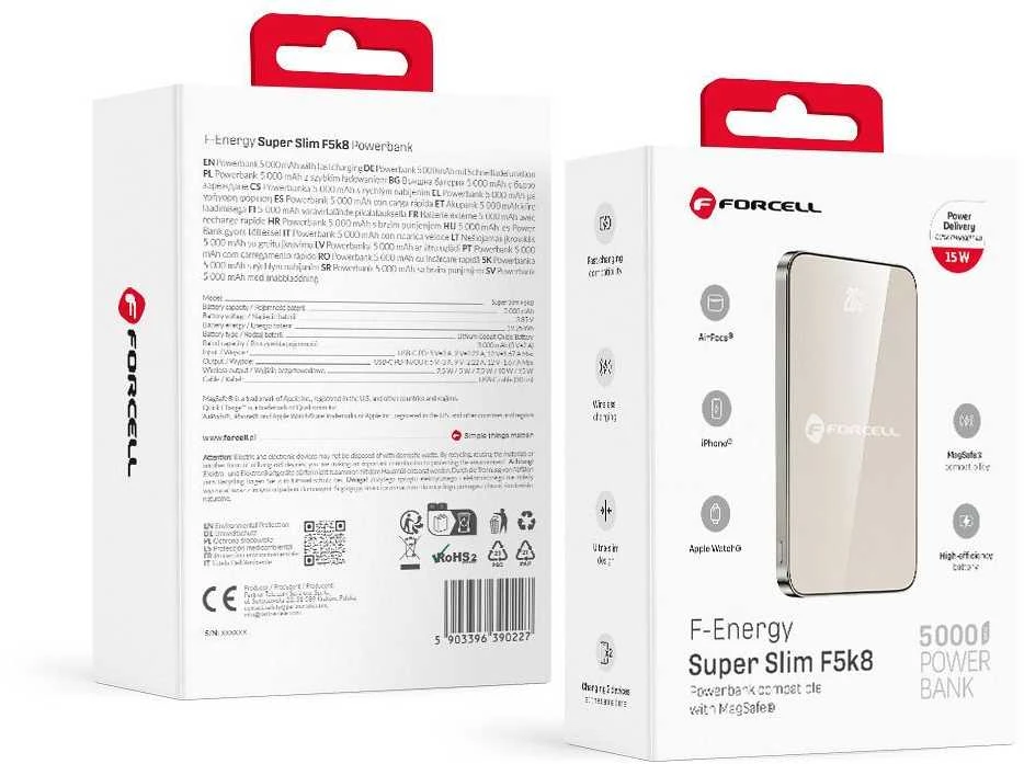 Powerbank compatible with MagSafe Forcell F-Energy SuperSlim F5K8 QC4.0 PD3.0 15W 5000 mAh titanium desert