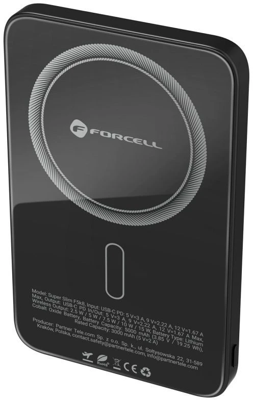 Powerbank suderinamas su MagSafe Forcell F-Energy SuperSlim F5K8 QC4.0 PD3.0 15W 5000 mAh juodas