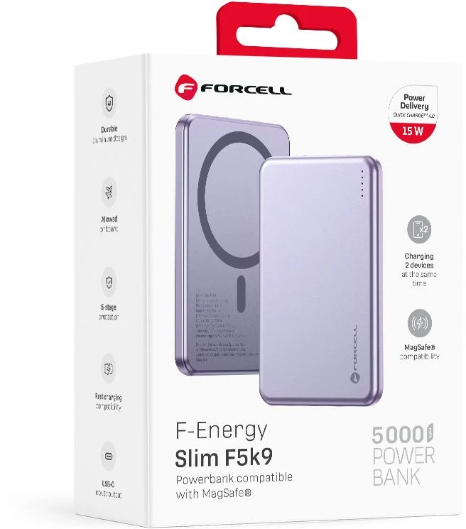 Powerbank compatible with MagSafe Forcell F-Energy Slim F5K9 QC4.0 PD3.0 15W 5000 mAh violetinė