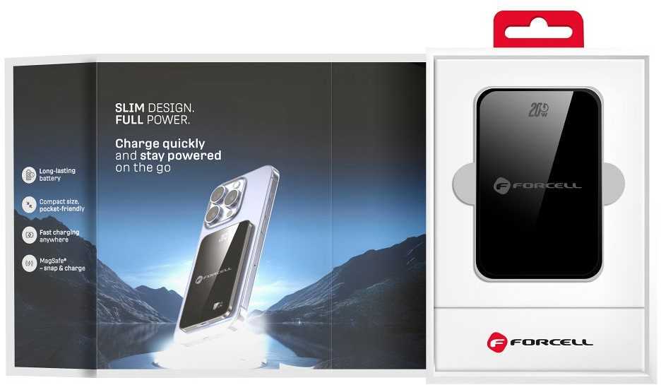 Powerbank compatible with MagSafe Forcell F-Energy SuperSlim F5K8 QC4.0 PD3.0 15W 5000 mAh juodas