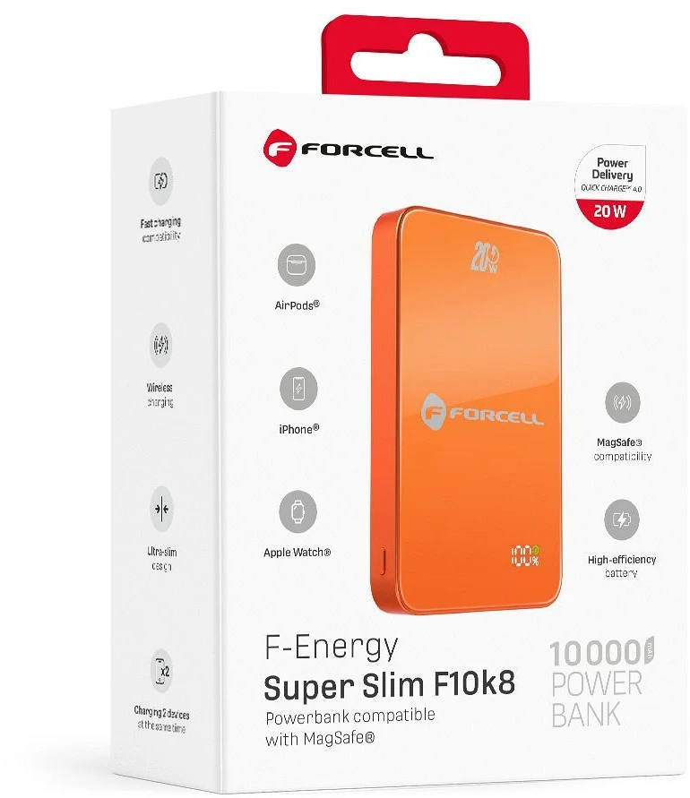 Powerbank compatible with MagSafe Forcell F-Energy SuperSlim F10K8 QC4.0 PD3.0 15W 10000 mAh oranžinis