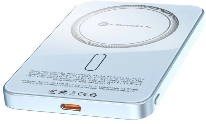 Powerbank compatible with MagSafe Forcell F-Energy SuperSlim F5K8 QC4.0 PD3.0 15W 5000 mAh mėlynas