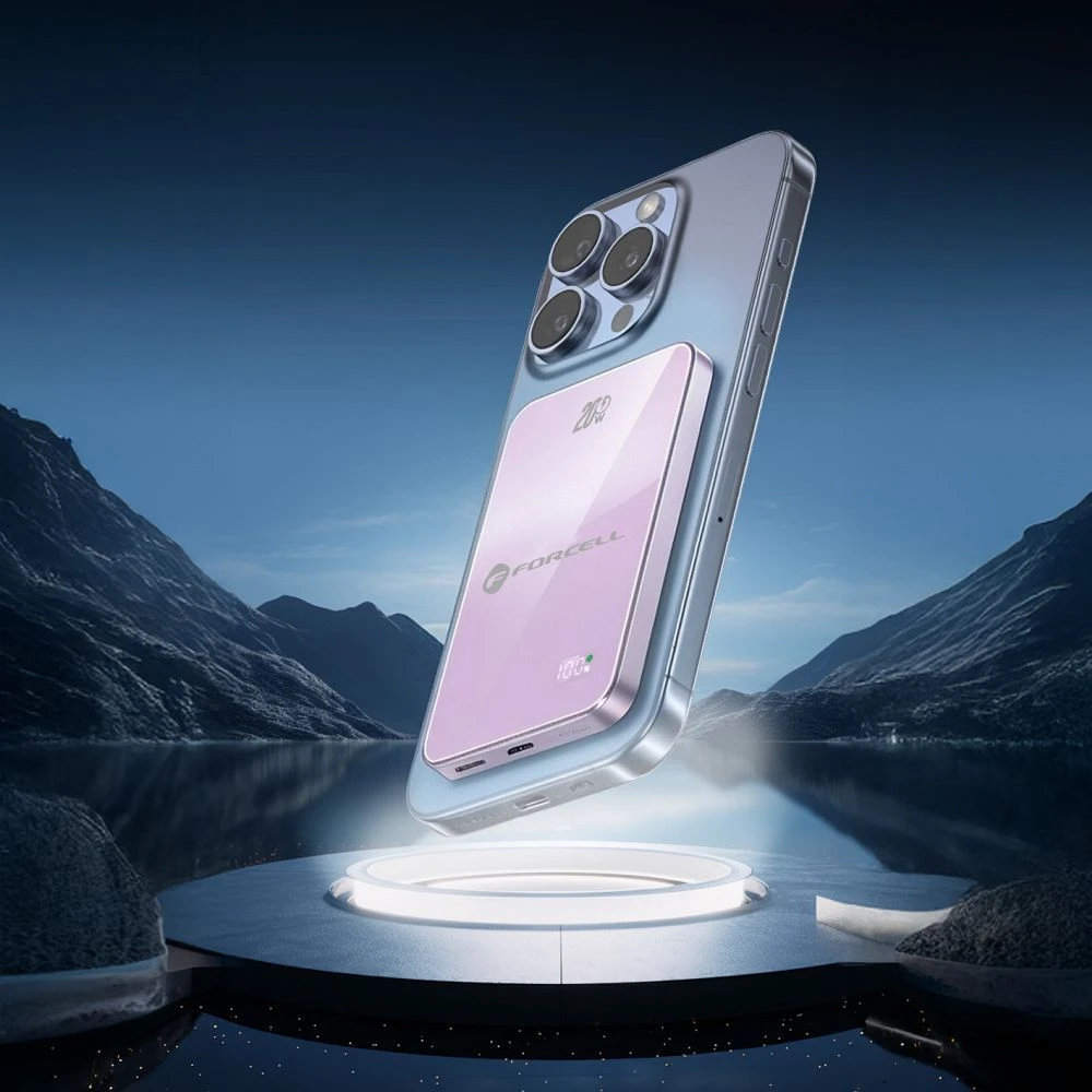 Nešiojamoji baterija, suderinama su „MagSafe Forcell F-Energy SuperSlim F5K8 QC4.0 PD3.0“ 15W 5000 mAh violetinė