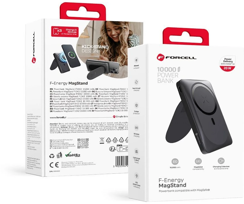 Išorinė baterija POWER BANK Forcell F-ENERGY (F10K2) 10000mAh su belaidžiu įkrovikliu (Magsafe 20W) juoda