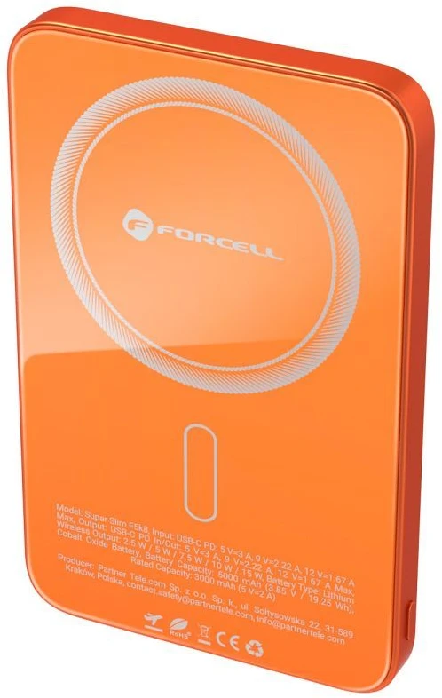 Nešiojamoji baterija, suderinama su „MagSafe Forcell F-Energy SuperSlim F5K8 QC4.0 PD3.0“ 15W 5000 mAh oranžinis