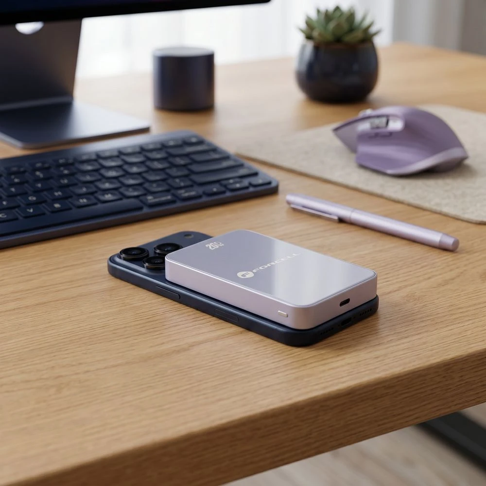 Nešiojamoji baterija, suderinama su „MagSafe Forcell F-Energy SuperSlim F10K8 QC4.0 PD3.0“ 15W 10000 mAh violetinė