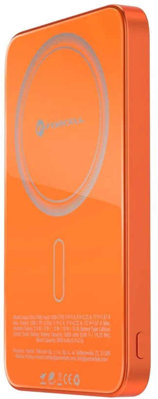Nešiojamoji baterija, suderinama su „MagSafe Forcell F-Energy SuperSlim F5K8 QC4.0 PD3.0“ 15W 5000 mAh oranžinis