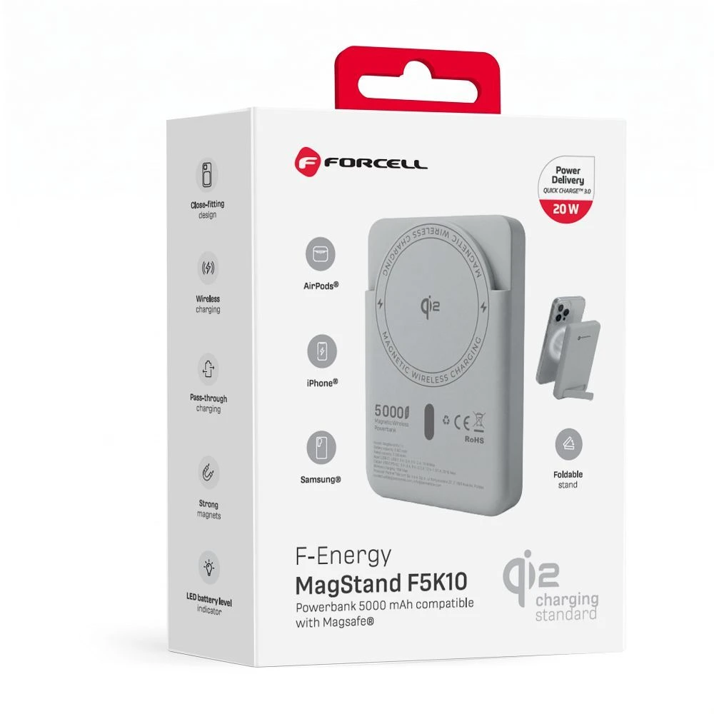 Powerbank compatible with MagSafe Forcell F-Energy MagStand QI2 F5K10 QC3.0 PD3.0 20W 5000 mAh baltas