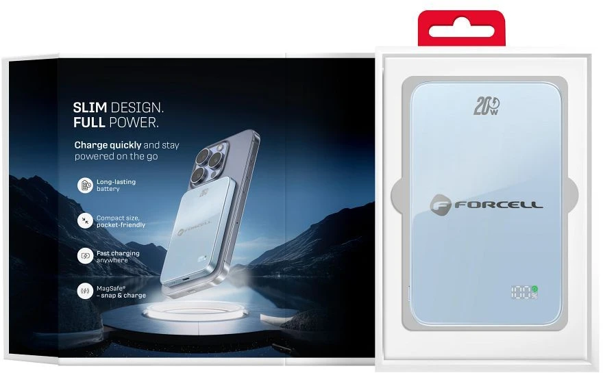Powerbank compatible with MagSafe Forcell F-Energy SuperSlim F5K8 QC4.0 PD3.0 15W 5000 mAh mėlynas