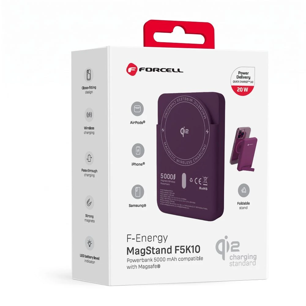Powerbank compatible with MagSafe Forcell F-Energy MagStand QI2 F5K10 QC3.0 PD3.0 20W 5000 mAh cherry